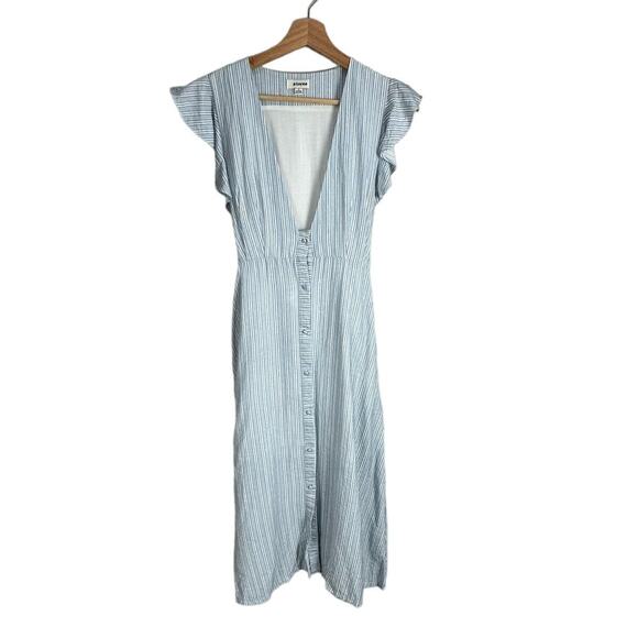 Storee Blue White Stripe Button Front Tie Waist Plunging Midi Flutter Dress S - Picture 7 of 11